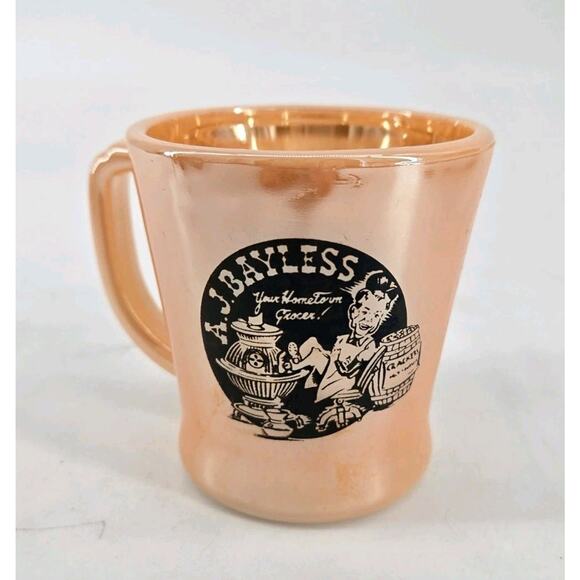 Mid Century J A Bayless Fireking Advertising Grocery Peach Luster Handled Mug - Picture 8 of 8